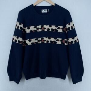 27 MILES Sweater Womens L 100% Cashmere Leopard Striped Pullover Jumper Blue